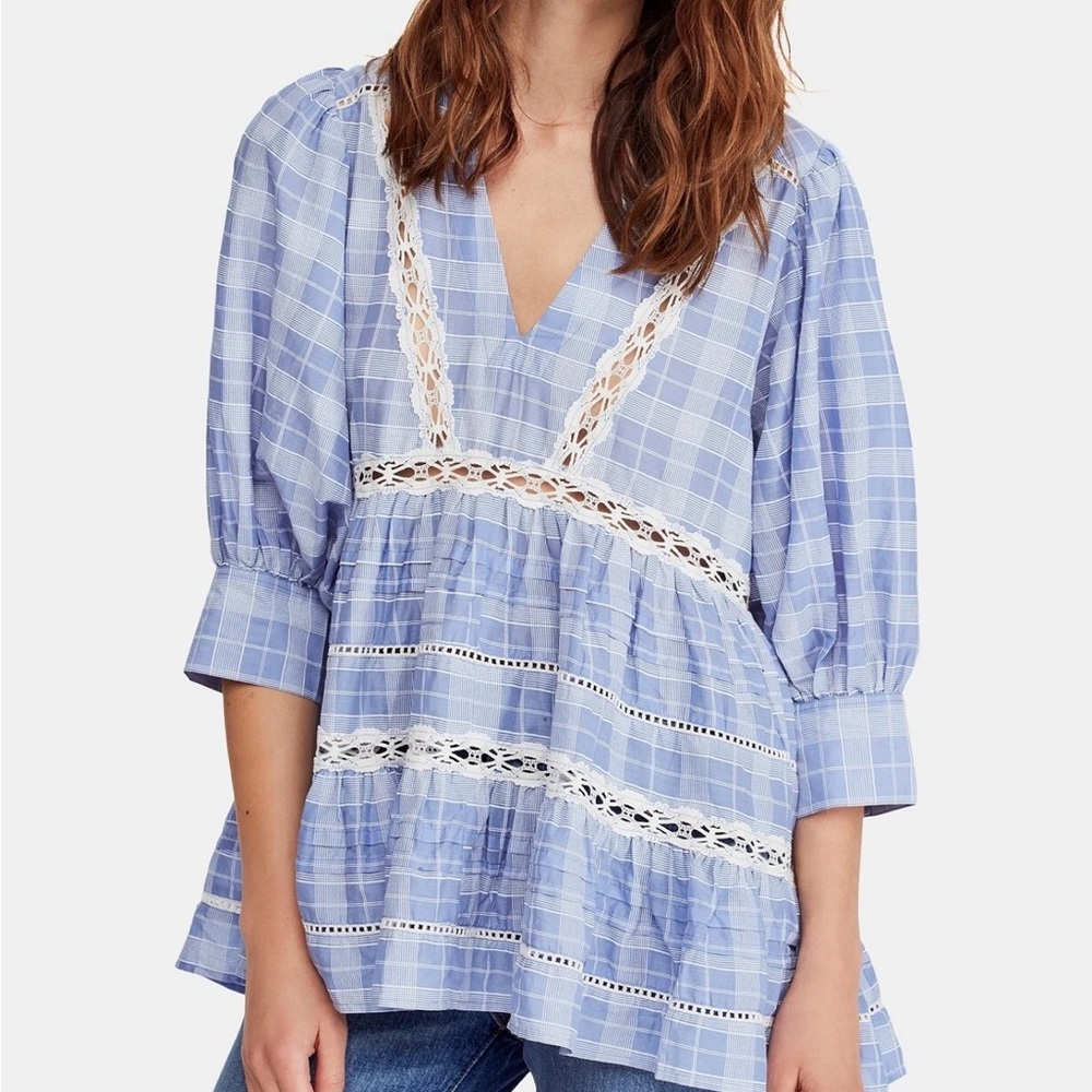 Free People Plaid Lace Trim Tunic – Blue | XS | Pre-Owned Excellent